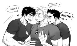 Rule 34 | 3boys, anger vein, angry, ao isami, bara, blush, boy sandwich, character name, clone, dog tags, face-to-face, facial hair, from side, greyscale, hand on another&#039;s cheek, hand on another&#039;s chest, hand on another&#039;s face, hand on another&#039;s stomach, heart, highres, hug, lewis smith, looking at another, male focus, monochrome, motion lines, multiple boys, muscular, muscular male, nervous sweating, profile, sandwiched, shirt, short hair, short sleeves, sideburns stubble, simple background, stubble, sweat, tight clothes, tight shirt, trembling, upper body, wasted m9, white background, yaoi, yuuki bakuhatsu bang bravern