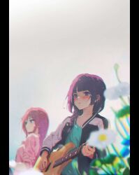 Rule 34 | 2girls, absurdres, black jacket, blue eyes, blunt bangs, blush, bocchi the rock!, braid, commentary request, flower, flower request, gerar dc, gotoh hitori, green shirt, guitar, highres, hiroi kikuri, holding, holding instrument, instrument, jacket, long hair, long sleeves, multicolored clothes, multicolored jacket, multiple girls, music, open clothes, open jacket, parted lips, pink hair, pink jacket, playing instrument, purple eyes, purple hair, shirt, single braid, track jacket, two-tone jacket, upper body, white jacket