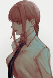 Rule 34 | 1girl, black necktie, braid, braided ponytail, chainsaw man, collared shirt, highres, looking to the side, makima (chainsaw man), medium hair, necktie, red hair, ringed eyes, shirt, sidelocks, simple background, solo, white background, white shirt, yellow eyes, yohohoi
