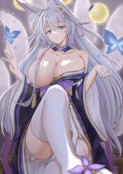 Rule 34 | 1girl, absurdres, animal ear fluff, animal ears, azur lane, bare shoulders, breasts, bug, butterfly, cleavage, cotatubo, eyeshadow, fox ears, fox girl, fox tail, hair ornament, highres, huge breasts, insect, japanese clothes, long hair, looking at viewer, makeup, miniskirt, moon, multiple tails, pleated skirt, pointy ears, shinano (azur lane), sitting, skirt, solo, tail, thighhighs, very long hair, white hair, white skirt, white thighhighs