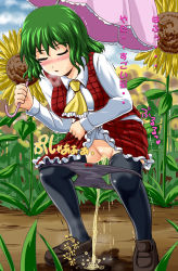 Rule 34 | 1girl, :o, ascot, black panties, black thighhighs, blush, breasts, breath, cleft of venus, closed eyes, clothes lift, day, female focus, flower, green hair, homare (suzu no oka), kazami yuuka, loafers, medium breasts, outdoors, panties, panty pull, parasol, pee, peeing, plaid, plaid skirt, plaid vest, pussy, red eyes, shoes, short hair, skirt, skirt lift, skirt set, solo, spread legs, squatting, sunflower, thighhighs, touhou, translation request, umbrella, uncensored, underwear, vest, wet, wet clothes, wet panties