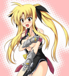 Rule 34 | 00s, 1girl, ahoge, armor, bardiche (nanoha), bardiche (standby form) (nanoha), belt, blonde hair, blush, breast hold, breasts, covering breasts, covering crotch, covering privates, fate testarossa, fate testarossa (true sonic form), gauntlets, hair ribbon, johnny (from scratch), long hair, lyrical nanoha, mahou shoujo lyrical nanoha, mahou shoujo lyrical nanoha strikers, no bra, open clothes, open mouth, open shirt, red eyes, ribbon, shirt, solo, strap, surprised, tears, twintails, very long hair, wardrobe malfunction