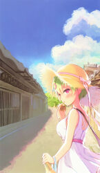 Rule 34 | 1girl, absurdres, alternate costume, back, bag, blue sky, blush, bow, breasts, cloud, crescent, crescent necklace, crocodile hair ornament, day, dress, eating, eyelashes, food, from side, green hair, hat, hat bow, hat ribbon, highres, holding, holding bag, holding food, humuyun, jewelry, large breasts, looking at viewer, necklace, nomura miki, open mouth, outdoors, perspective, pink bow, pink hair, pink ribbon, ribbon, short hair, sky, solo, straw hat, summer, summer pockets, sundress