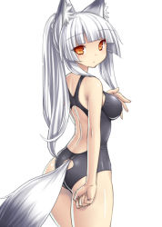 Rule 34 | 1girl, animal ears, ass, ass cutout, backless outfit, bare back, bare shoulders, breasts, clothing cutout, competition swimsuit, fox ears, fox tail, hime cut, large breasts, long hair, looking at viewer, one-piece swimsuit, orange eyes, original, ponytail, simple background, sketch, solo, swimsuit, tail, tsukumiya amane, white background, white hair