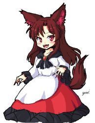 Rule 34 | 1girl, animal ears, brooch, brown hair, fingernails, imaizumi kagerou, isaki (gomi), jewelry, long fingernails, long hair, long sleeves, nail polish, open mouth, red eyes, red nails, shirt, signature, simple background, skirt, smile, solo, tail, touhou, white background, wide sleeves, wolf ears, wolf tail