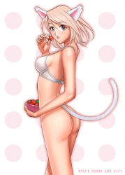 Rule 34 | 1girl, animal ears, ass, blonde hair, bottomless, bra, breasts, cat ears, cat girl, cat tail, cowboy shot, food, fruit, holding, holding food, holding fruit, lingerie, medium breasts, no panties, original, pink eyes, ryu (ryu&#039;s form site), short hair, solo, strawberry, tail, underwear, white background