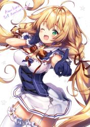 Rule 34 | 1girl, ahoge, azur lane, blonde hair, blush, bowtie, braid, breasts, choker, cleavage, commentary request, cowboy shot, cross, cross choker, english text, foreshortening, frilled thighhighs, frills, garter straps, gloves, green eyes, hair intakes, le temeraire (azur lane), long hair, looking at viewer, miniskirt, one eye closed, open mouth, pointing, pointing at viewer, riichu, simple background, skirt, solo, striped bow, striped bowtie, striped clothes, thighhighs, twin braids, twintails, very long hair, white background, white thighhighs