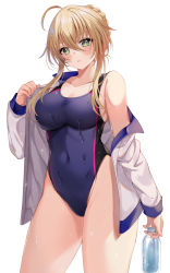 Rule 34 | 1girl, ahoge, artoria pendragon (fate), artoria pendragon (lancer) (fate), bad id, bad pixiv id, bare shoulders, blonde hair, blue one-piece swimsuit, blush, bottle, braid, breasts, collarbone, commentary request, competition swimsuit, covered navel, cowboy shot, fate/grand order, fate (series), green eyes, hair between eyes, harimoji, head tilt, highleg, highleg swimsuit, jacket, large breasts, long sleeves, looking at viewer, off shoulder, one-piece swimsuit, open clothes, open jacket, purple one-piece swimsuit, sidelocks, simple background, solo, standing, swimsuit, swimsuit under clothes, thighs, wet, white background, white jacket