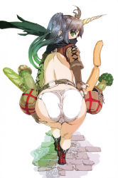 Rule 34 | 1girl, absurdres, ahoge, ankle boots, ass, back, baguette, bandana, bandana over mouth, bare back, beelzebub (sin nanatsu no taizai), belt, belt pouch, bent over, black bandana, black bandanna, black hair, boots, bread, broccoli, brown footwear, brown gloves, brown legwear, covering own mouth, cross-laced clothes, fingerless gloves, fingernails, food, from above, from behind, full body, gloves, green eyes, hair ornament, hair tie, hand on thigh, highres, horns, kneepits, leaning forward, legs together, long fingernails, long hair, looking at viewer, looking back, mushroom, nishii (damnedrive), panties, parted bangs, pouch, profile, sausage, scan, sett, short sleeves, simple background, sin nanatsu no taizai, single horn, sleeves past elbows, solo, standing, the seven deadly sins, twintails, twisted neck, underwear, vegetable, white background, white panties