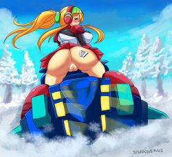 Rule 34 | 1girl, absurdres, anus, ass, ass tattoo, blonde hair, blue eyes, blush, breasts, capcom, day, dr. wily (mega man), earmuffs, embarrassed, from behind, full body, highres, large breasts, looking at viewer, looking back, mega man (classic), mega man (series), miniskirt, no panties, outdoors, pleated skirt, pussy, robot girl, roll (mega man), skirt, sky, snow, snowmobile, solo, straddling, tattoo, tree, tumother, upskirt