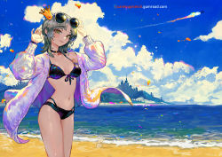 Rule 34 | 1girl, arms up, bare shoulders, beach, bikini, black choker, black ribbon, blue sky, breasts, canking, choker, cityscape, cleavage, cloud, coat, collarbone, cowboy shot, crown, day, eyewear on head, front-tie bikini top, front-tie top, green eyes, green hair, long sleeves, looking at viewer, medium breasts, navel, ocean, off shoulder, open clothes, open coat, original, outdoors, parted bangs, parted lips, purple coat, ribbon, short hair, sky, smile, solo, stomach, sunglasses, swimsuit, water