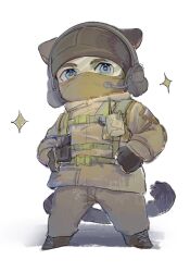 Rule 34 | 1boy, animal ears, black gloves, blue eyes, brown jacket, brown pants, cat boy, cat ears, cat tail, covered mouth, fingerless gloves, glaz (rainbow six siege), gloves, guanzi yoo, hat, headphones, highres, jacket, looking at viewer, male focus, pants, rainbow six siege, simple background, solo, tail, white background