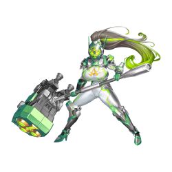Rule 34 | 1girl, arm guards, armor, bodysuit, boots, breasts, cameltoe, clover, clover ace, fighting stance, full body, game cg, gloves, gluteal fold, green gloves, green hair, grey bodysuit, grey hair, hair ornament, hammer, helmet, high heel boots, high heels, highres, holding, holding hammer, holding weapon, huge breasts, huge weapon, large breasts, last origin, legs apart, long hair, looking at viewer, mechanical ears, armored boots, monitor, multicolored hair, obui, official art, ponytail, shoulder armor, simple background, solo, streaked hair, transparent background, two-tone hair, weapon, white bodysuit