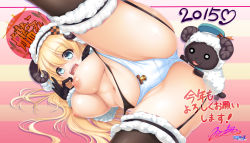 Rule 34 | 10s, 1girl, 2015, atago (kancolle), bell, black gloves, black thighhighs, blonde hair, blush, breasts, garter straps, gloves, green eyes, highres, horns, hozumi kaoru, jingle bell, kantai collection, large breasts, long hair, nipples, open mouth, panties, sheep, sheep horns, signature, solo, spread legs, thighhighs, underwear, white panties