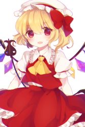 Rule 34 | 1girl, :d, ascot, blonde hair, blouse, blush, bow, cowboy shot, crystal, flandre scarlet, frilled skirt, frills, hair bow, hat, highres, laevatein, looking at viewer, maccha (hatsune), mob cap, open mouth, puffy short sleeves, puffy sleeves, red eyes, red skirt, red vest, shirt, short hair, short sleeves, side ponytail, skirt, skirt set, smile, solo, touhou, vest, white background, white hat, white shirt, wings, yellow ascot