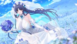 Rule 34 | 1girl, bare shoulders, blue hair, bouquet, braid, breasts, bug, butterfly, cleavage, detached sleeves, dress, field, flower, flower field, highres, huge breasts, insect, jewelry, long hair, looking at viewer, necklace, original, sideboob, smile, solo, strapless, strapless dress, veil, wedding dress, xiujia yihuizi, yellow eyes