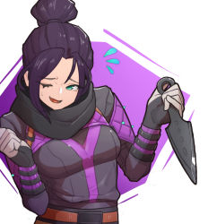 Rule 34 | 1girl, animification, apex legends, belt, black bodysuit, black hair, black scarf, blue eyes, bodysuit, brown belt, hair behind ear, hair bun, highres, holding, holding knife, kellila93, knife, kunai, looking to the side, one eye closed, open mouth, parted bangs, scarf, smile, solo, weapon, wraith&#039;s kunai, wraith (apex legends)