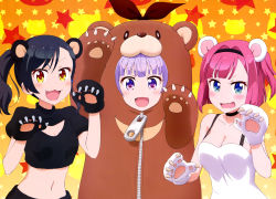 Rule 34 | 3girls, :d, absurdres, animal costume, animal ears, animal hands, arm up, bear costume, bear ears, black gloves, black hair, black hairband, blue eyes, blush, breasts, choker, cleavage, cleavage cutout, clothing cutout, collarbone, crop top, eyes visible through hair, fang, gloves, hairband, highres, looking at viewer, medium breasts, midriff, mochizuki momiji, multiple girls, narumi tsubame, navel, new game!, official art, open mouth, paw gloves, pink hair, purple eyes, purple hair, short hair, side ponytail, sleeveless, small breasts, smile, standing, star (symbol), stomach, suzukaze aoba, upper body, white gloves, yellow eyes, zipper