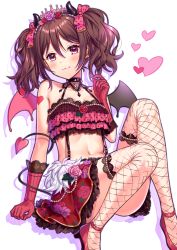 Rule 34 | 10s, 1girl, :3, alternate hair color, anklet, bare shoulders, blush, bow, breasts, brown hair, closed mouth, collarbone, elbow gloves, fake horns, fishnet thighhighs, fishnets, gloves, hair bow, heart, high heels, horns, jewelry, kuroki (ma-na-tu), looking at viewer, love live!, love live! school idol festival, love live! school idol project, midriff, navel, pink bow, pink gloves, red eyes, red skirt, short hair, short twintails, silhouette, simple background, skirt, small breasts, smile, solo, tail, thighhighs, twintails, white background, wings, yazawa nico