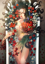 Rule 34 | 1girl, absurdres, artist name, bathtub, black eyes, black hair, blood, blood splatter, breasts, commentary, crying, crying with eyes open, daisy, dress, eyelashes, flower, from above, hair spread out, highres, jewelry, lips, lipstick, long hair, looking at viewer, lying, makeup, medium breasts, necklace, on back, original, parted lips, partially submerged, pearl necklace, petals, pink lips, realistic, red flower, red rose, rose, sleeveless, sleeveless dress, slit wrist, solo, strapless, strapless dress, tears, tile floor, tiles, very long hair, water, white dress, yeonjun park