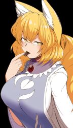 Rule 34 | 1girl, animal ears, black background, blonde hair, breasts, chocolate, food in mouth, fox ears, fox girl, fox tail, highres, large breasts, looking at viewer, mizuga, short hair, simple background, solo, tabard, tail, touhou, upper body, yakumo ran, yellow eyes