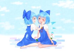 Rule 34 | 2girls, absurdres, alternate skin color, barefoot, blue background, blue dress, blue eyes, blue hair, cirno, detached wings, dress, frilled sleeves, frills, full body, hand on another&#039;s cheek, hand on another&#039;s face, highres, ice, ice wings, kashokasho, looking at another, multiple girls, official alternate costume, one eye closed, open mouth, pinafore dress, puffy short sleeves, puffy sleeves, short sleeves, simple background, sleeveless, sleeveless dress, tanned cirno, teeth, touhou, upper teeth only, wings