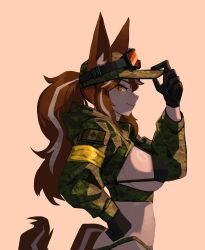 Rule 34 | 1girl, absurdres, animal ears, armband, bendit, bikini, black bikini, breasts, brown hair, callisto (greyeth), camouflage, canadian flag, digital camouflage, fox ears, fox tail, gloves, goggles, goggles on headwear, hand on headwear, hand on own hip, hat, highres, large breasts, looking at viewer, looking to the side, multicolored hair, original, sideboob, streaked hair, swimsuit, tail, yellow armband