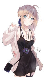 Rule 34 | 1girl, absurdres, ahoge, aqua eyes, artoria pendragon (fate), bag, bare shoulders, black dress, black thighhighs, blonde hair, bow, breasts, brown jacket, camera, camera around neck, cleavage, closed mouth, collarbone, cowboy shot, dated, dress, fate/stay night, fate (series), garter straps, handbag, highres, jacket, jewelry, long hair, long sleeves, looking at viewer, medium breasts, necklace, off shoulder, open clothes, open jacket, pink bow, sai (saipoko), shoulder bag, signature, simple background, sleeves past wrists, solo, thighhighs, white background, zettai ryouiki