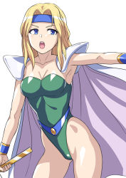 Rule 34 | 1girl, blonde hair, blue eyes, blue headband, breasts, cape, celes chere, cleavage, commentary request, facing viewer, final fantasy, final fantasy vi, gauntlets, green leotard, hai (h81908190), headband, highleg, highleg leotard, leotard, long hair, medium breasts, simple background, solo, white background, white cape