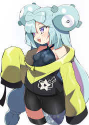 Rule 34 | 1girl, absurdres, bad id, bad twitter id, bare shoulders, bike shorts, black shorts, blue hair, blush, bow-shaped hair, breasts, character hair ornament, creatures (company), game freak, hair ornament, highres, iono (pokemon), jacket, light blue hair, long hair, long sleeves, looking to the side, low twintails, multicolored hair, nintendo, open mouth, pink hair, pokemon, pokemon sv, purple eyes, sharp teeth, shimejinameko, shorts, sleeves past fingers, sleeves past wrists, small breasts, smile, solo, teeth, thighs, twintails, yellow jacket
