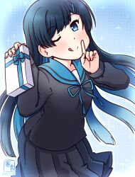 1girl black_hair black_serafuku blue_background blue_eyes blue_hair blue_sailor_collar cevio chocolate cowboy_shot futaba_minato gift gradient_background hair_ornament hairclip happy_valentine holding holding_gift incoming_gift kanon_(kurogane_knights) long_hair looking_at_viewer sailor_collar school_uniform serafuku smile solo valentine