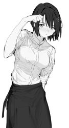 Rule 34 | 1girl, apron, arms behind back, black skirt, character request, copyright request, greyscale, hair ornament, hairclip, looking at viewer, monochrome, osu5i, shirt, short hair, skirt, solo, white shirt