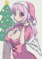 Rule 34 | 1girl, blush, breasts, christmas tree, cleavage, covered erect nipples, fake wings, hat, highres, jashin-chan dropkick, large breasts, long hair, nbnbmanamin, open mouth, pink eyes, pink hair, pino (jashin-chan dropkick), santa costume, santa hat, sketch, solo, wings
