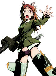 Rule 34 | 1girl, 5to rai, animal ears, blush, breasts, buttons, dog ears, dog tail, double-breasted, green jacket, groin, gun, highres, jacket, long hair, machine gun, medium breasts, minna-dietlinde wilcke, open mouth, panties, purple panties, red eyes, red hair, solo, strike witches, striker unit, tail, underwear, weapon, white background, world witches series