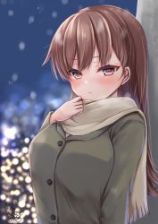 Rule 34 | 1girl, absurdres, artist name, beige scarf, blush, breasts, brown eyes, brown hair, buttons, closed mouth, coat, dated, green coat, hair between eyes, highres, kantai collection, large breasts, long hair, long sleeves, mashiro yukiya, one-hour drawing challenge, ooi (kancolle), scarf, signature, solo, upper body