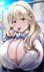 Rule 34 | 1girl, belt pouch, blonde hair, blue bow, blue bowtie, blue jacket, bowtie, breasts, brown eyes, claw ring, cleavage, collared shirt, day, fence, food, goddess of victory: nikke, hair intakes, hair ornament, holding food, holding popsicle, huge breasts, jacket, light blush, lips, long hair, multiple rings, off-shoulder jacket, off shoulder, outdoors, partially unbuttoned, pencil skirt, popsicle, pouch, puffy sleeves, ring, sakagami111111, shirt, skirt, sleeves past wrists, solo, strap, sun, sweat, tia (nikke), weapon, weapon on back, white shirt