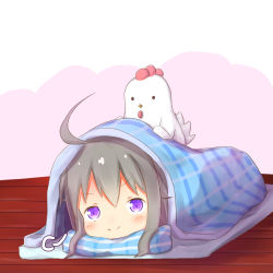 Rule 34 | 1girl, ahoge, animal, bird, blush, chicken, closed mouth, commentary request, futon, grey hair, hair between eyes, highres, long hair, lying, on stomach, original, pillow, purple eyes, sidelocks, smile, smug, solo, su guryu, under covers, wooden floor
