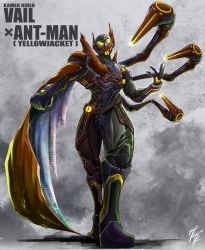 Rule 34 | 1boy, ant, ant-man, armor, arthropod limbs, asymmetrical armor, asymmetrical horns, beetle, bug, cape, clenched hand, commentary request, cowboy shot, evil, extra legs, full body, fusion, highres, horns, insect, insect wings, kamen rider, kamen rider revice, kamen rider vail, marvel, marvel cinematic universe, open hand, orange armor, orange cape, side cape, single wing, villain pose, what if (disney+), wings, zagizagi