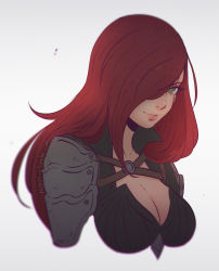 Rule 34 | 1girl, armor, artist name, breasts, cleavage, collarbone, grey background, hair over one eye, ilya kuvshinov (style), katarina (league of legends), koyorin, large breasts, league of legends, lips, long hair, looking at viewer, red hair, scar, scar across eye, scar on face, shoulder pads, simple background, solo, upper body, watermark, web address