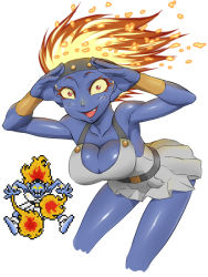 Rule 34 | 1girl, blue skin, breasts, cleavage, colored skin, dragon quest, dynamite-kit, fiery hair, flame soldier (dragon quest), genderswap, genderswap (mtf), large breasts, monster girl, pixel art, red eyes, solo