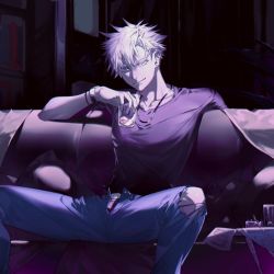 Rule 34 | 1boy, ashtray, black shirt, blue eyes, blue pants, cigarette butt, closed mouth, colored eyelashes, couch, cowboy shot, cup, ear piercing, gojou satoru, hair between eyes, highres, holding, holding cup, iiiki 4u, indoors, jewelry, jujutsu kaisen, looking at viewer, male focus, necklace, pants, piercing, shirt, short hair, short sleeves, sitting, solo, table, torn clothes, torn pants, watch, white hair, wristband, wristwatch