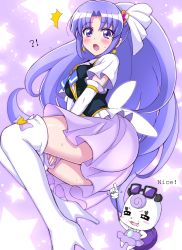 Rule 34 | !?, 10s, 1girl, :o, ^^^, arm warmers, ass, blush, boots, creature, cure fortune, full body, gurasan (happinesscharge precure!), hair ornament, happinesscharge precure!, heart, heart hair ornament, high heels, highres, hikawa iona, huge ass, jewel (the black canvas), long hair, magical girl, necktie, poking, precure, purple background, purple eyes, purple hair, purple skirt, skirt, star (symbol), starry background, surprised, sweat, thigh boots, thighhighs, white thighhighs, wide ponytail