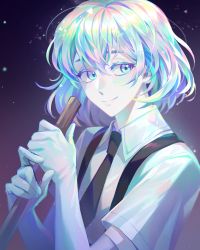 Rule 34 | 1other, androgynous, black necktie, collar, collared shirt, diamond (houseki no kuni), elbow gloves, gem uniform (houseki no kuni), gloves, highres, houseki no kuni, hsh7955, looking at viewer, multicolored eyes, multicolored hair, necktie, other focus, rainbow hair, shirt, short hair, short sleeves, smile, solo, sparkle, weapon, white gloves
