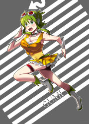 Rule 34 | 1girl, aqua eyes, boots, breasts, caffein, character name, cleavage, detached collar, goggles, goggles on head, green hair, gumi, headphones, highres, nail polish, short hair, sidelocks, solo, vocaloid, wrist cuffs