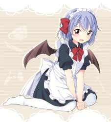 Rule 34 | 1girl, alternate costume, apron, bat wings, blue hair, blush, bow, bowtie, enmaided, fang, frown, full body, hair bow, highres, large bow, long sleeves, looking at viewer, maid, maid headdress, no shoes, ominome, pantyhose, red eyes, remilia scarlet, short hair, sitting, solo, sweatdrop, touhou, wariza, white pantyhose, wings
