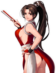 Rule 34 | 1girl, ass, breasts, evilgun, fatal fury, folded fan, folding fan, from side, hand fan, hand on own hip, highres, large breasts, leotard, pelvic curtain, ponytail, revealing clothes, shiranui mai, solo, the king of fighters, thighs