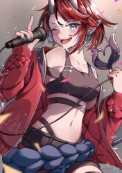Rule 34 | 1girl, black hair, black shorts, black sports bra, blue eyes, blue nails, blush, breasts, commentary request, confetti, cowboy shot, cross, cross earrings, demon girl, demon horns, demon tail, ear piercing, ear spike, earrings, grey background, highres, holding, holding microphone, horns, index finger raised, jacket, jewelry, large breasts, looking at viewer, medium bangs, microphone, midriff, multicolored hair, multiple earrings, nanashi inc., navel, one eye closed, open clothes, open jacket, open mouth, piercing, pointy ears, red hair, red jacket, ryugasaki rene, short hair, shorts, smile, solo, sports bra, tail, tassel, teeth, tongue, tsuyuki (270banchi), twitter username, two-tone hair, upper teeth only, virtual youtuber