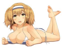 Rule 34 | 10s, 1girl, alternate costume, bad id, bad pixiv id, barefoot, bikini, breasts, brown eyes, cleavage, hairband, i-26 (kancolle), kantai collection, large breasts, light brown hair, long hair, looking at viewer, lying, on stomach, open mouth, osananajimi neko, smile, solo, swimsuit, the pose, two side up