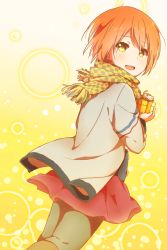 Rule 34 | 10s, 1girl, box, cat, checkered clothes, checkered scarf, gift, gift box, highres, hoshizora rin, love live!, love live! school idol festival, love live! school idol project, oda (101511a), orange hair, scarf, short hair, solo, yellow background, yellow eyes