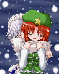 Rule 34 | 2girls, bococho, female focus, grey hair, hairband, hat, hong meiling, izayoi sakuya, multiple girls, red hair, scarf, shared clothes, shared scarf, snow, snowing, touhou